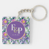 Paarse Blauwe Florals Monogram Weddenschap Favor Sleutelhanger (Achterkant)