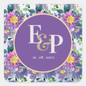 Paarse Blauwe Florals Monogram Weddenschap Vierkante Sticker (Voorkant)