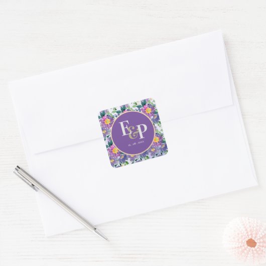 Paarse Blauwe Florals Monogram Weddenschap Vierkante Sticker (Envelop)