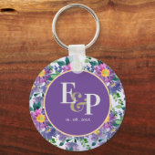  Paarse Blauwe Florals Naam Monogram Sleutelhanger (Achterkant)