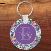 Paarse Blauwe Florals Naam Monogram Sleutelhanger (Voorkant)
