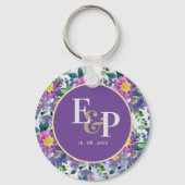Paarse Blauwe Florals Naam Monogram Sleutelhanger (Achterkant)