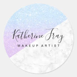 Paarse blauwe glitter witte marmer make-up ronde sticker