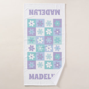 Paarse Blauwe Groovy Daisy Checkerboard Badhanddoe Badhanddoek