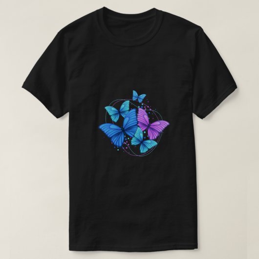Paarse Blauwe Heldere Moderne Vliegende Vlinders T-shirt (Design voorkant)