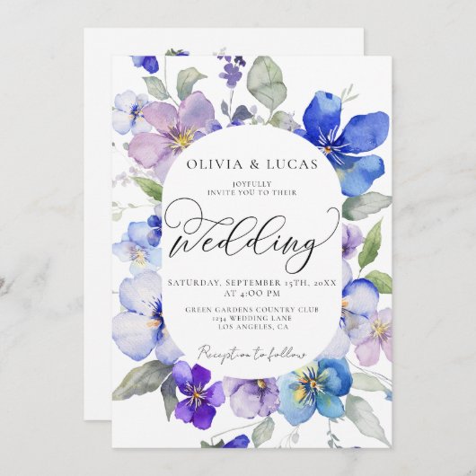 Paarse Blauwe Lente Alles in 1 Budget QR Bruiloft Kaart (Voorkant / Achterkant)