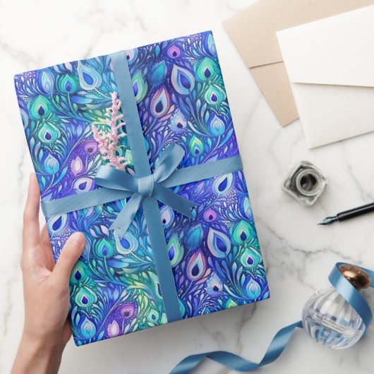 Paarse Blauwe Mint Peacock Feathers Cadeaupapier (Geschenken)