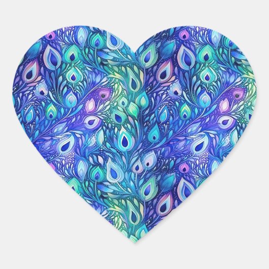 Paarse Blauwe Mint Peacock Feathers Hart Sticker (Voorkant)