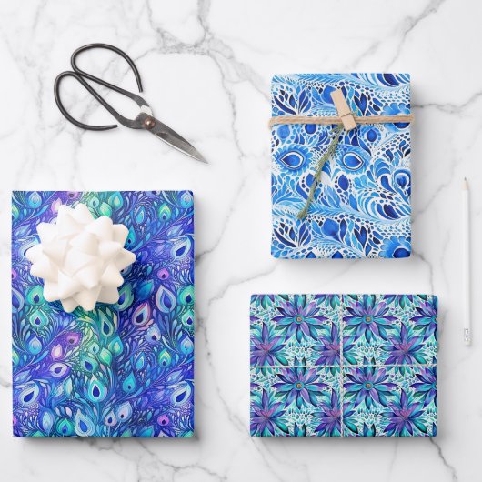 Paarse Blauwe Mint Peacock Feathers Inpakpapier Vel (Voorkant)