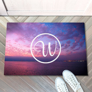 Paarse blauwe oceaan zonsondergang foto aangepaste deurmat