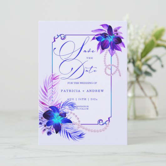Paarse blauwe orchidee bruiloft Save the Date Invi Kaart (Staand voorkant)