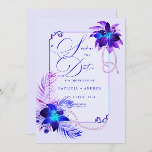 Paarse blauwe orchidee bruiloft Save the Date Invi Kaart (Voorkant / Achterkant)