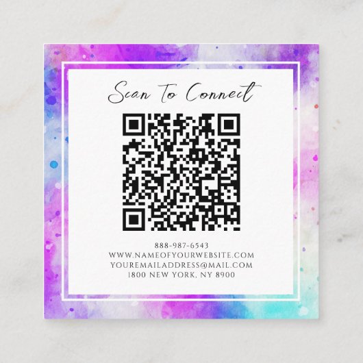Paarse & Blauwe QR Code Kleurrijke Waterverf Patro Vierkante Visitekaartje (Achterkant)