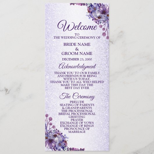 Paarse blauwe roze Floral Glitter Elegant Wedding Programma (Voorkant)