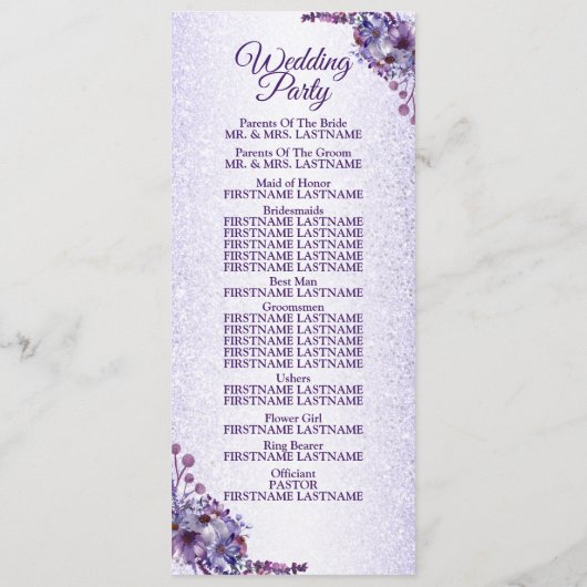 Paarse blauwe roze Floral Glitter Elegant Wedding Programma (Achterkant)