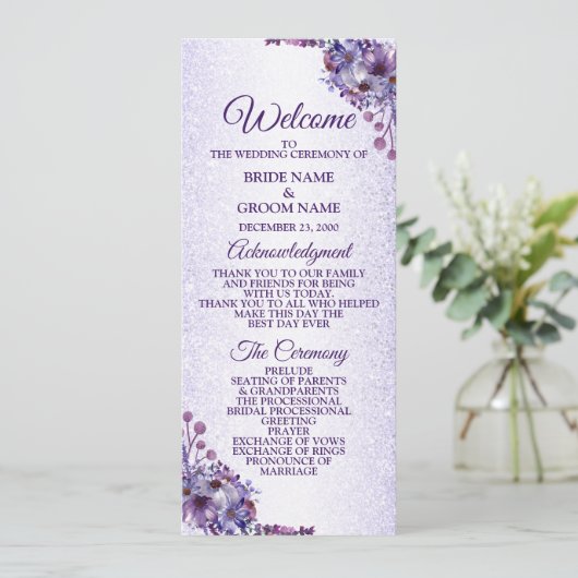 Paarse blauwe roze Floral Glitter Elegant Wedding Programma (Staand voorkant)