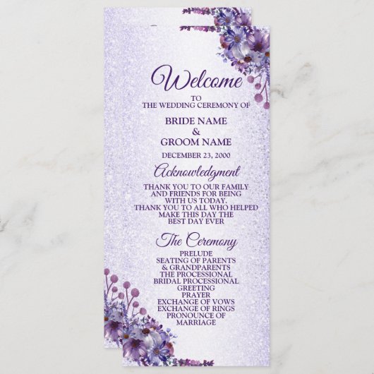 Paarse blauwe roze Floral Glitter Elegant Wedding Programma (Voorkant / Achterkant)