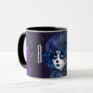Paarse Blauwe Rozen Sugar Skull Meisje Gepersonali Mok