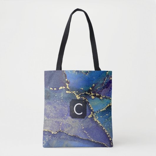 Paarse Blauwe Teal en Gouden Vloeibare Kunst Monog Draagtas (Voorkant)