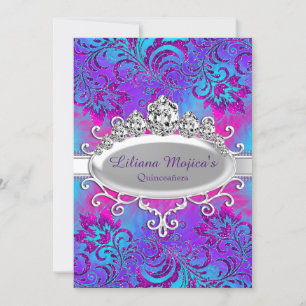 Paarse Blauwe Tiara & Glitter Bloem Quinceanera Kaart