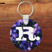 Paarse Blauwe Veerbloemen en monogram Sleutelhanger (Voorkant)