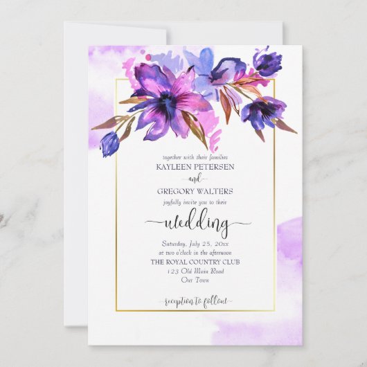 Paarse blauwe waterverf bloemen bruiloft sjabloon kaart (Voorkant)