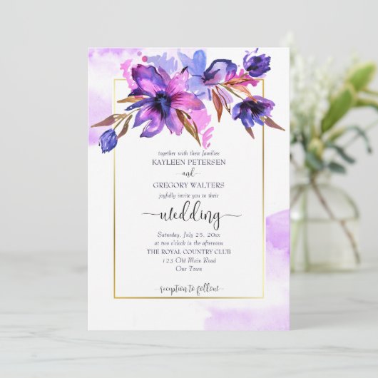 Paarse blauwe waterverf bloemen bruiloft sjabloon kaart (Staand voorkant)