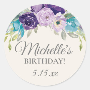 Paarse Blauwe Waterverf Bloemen Verjaardagsfeest Ronde Sticker