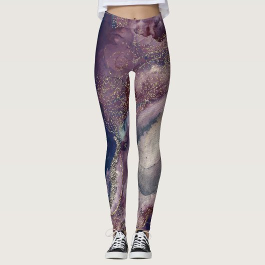 Paarse blauwe Waterverf Cosmic Galaxy Sparkle Leggings (Voorkant)
