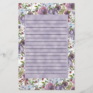 Paarse blauwe Waterverf Floral gelijnd Briefpapier