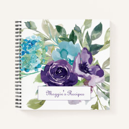 Paarse Blauwe Waterverf Floral Recipe Notitieboek