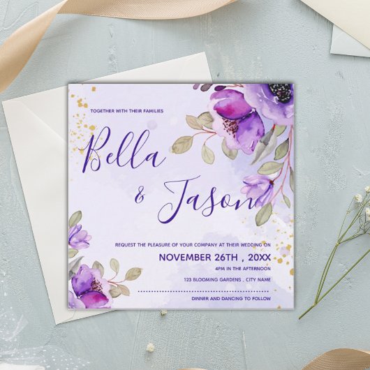  Paarse blauwe Waterverf Floral Wedding