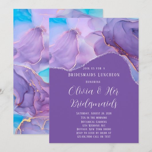 Paarse Blauwgroen alcohol Inkt Bridesmaids Luncheo Kaart (Voorkant / Achterkant)