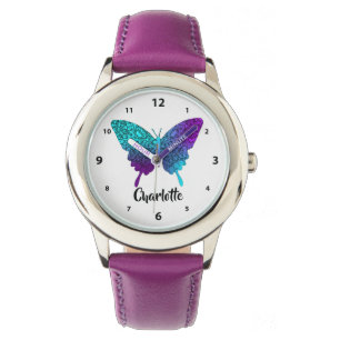 Paarse Blauwgroen Big Butterfly Personalized Watt Horloge