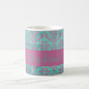 Paarse Blauwgroen Damask - Mok voor aangepaste naa