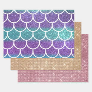 Paarse Blauwgroen Glitter Mermaid Scallop-schalen Inpakpapier Vel