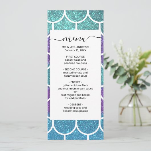 Paarse Blauwgroen Glitter Mermaid Scallop-schalen Menu (Staand voorkant)