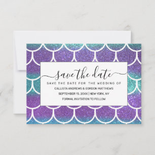 Paarse Blauwgroen Glitter Mermaid Scallop-schalen Save The Date