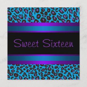 Paarse Blauwgroen Leopard Sweet 16 Birthday Party Kaart
