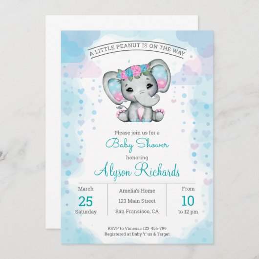 Paarse blauwgroen olifant Baby shower Uitnodiging (Voorkant / Achterkant)