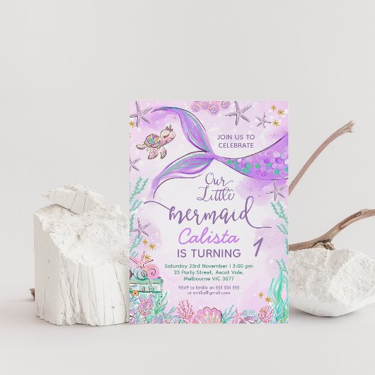 Paarse Blauwgroen Onze Kleine Zeemeermin 1e Verjaa Kaart