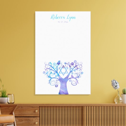 Paarse Blauwgroen Waterverf Bat Mitzvah Canvas Afdruk (Insitu (Woonkamer))