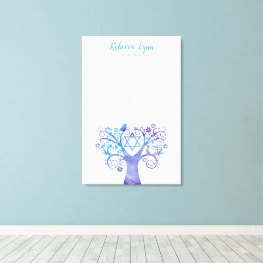 Paarse Blauwgroen Waterverf Bat Mitzvah Canvas Afdruk (Insitu (Houten vloer))