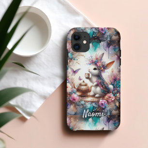 Paarse Blauwgroen Waterverf Floral Tea Party Bunny iPhone 11 Hoesje