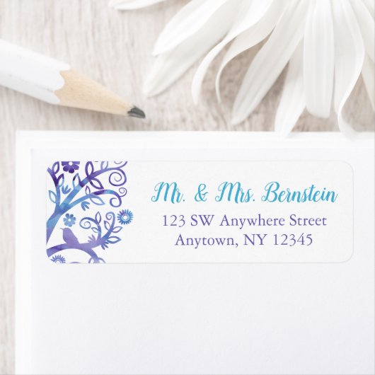 Paarse Blauwgroen Waterverf Tree of Life Retouradr Etiket (Insitu)