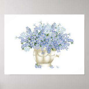 Paarse Bloeiende Bloemen in een Beige Kleurenvaas Poster