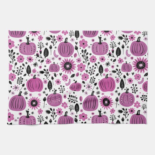 Paarse bloem en schattig pompoenpatroon theedoek (Horizontaal)