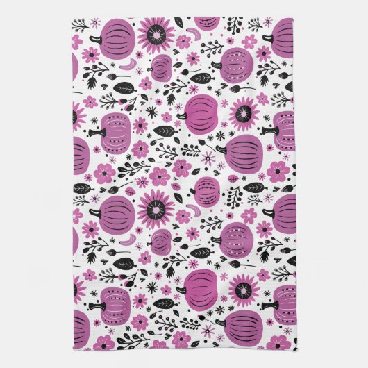 Paarse bloem en schattig pompoenpatroon theedoek (Verticaal)