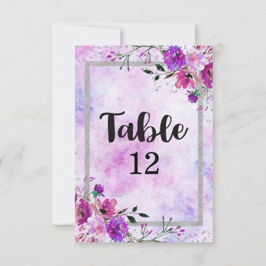 Paarse Bloem- en Zilveren Frame Huwelijk Tafel Num Kaart (Achterkant)