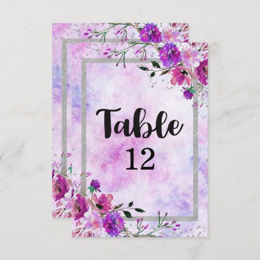 Paarse Bloem- en Zilveren Frame Huwelijk Tafel Num Kaart (Voorkant / Achterkant)